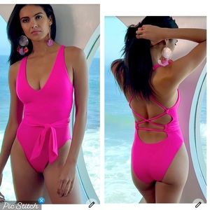 Becca Kali V Neck Belted Swimsuit Pink Flambé